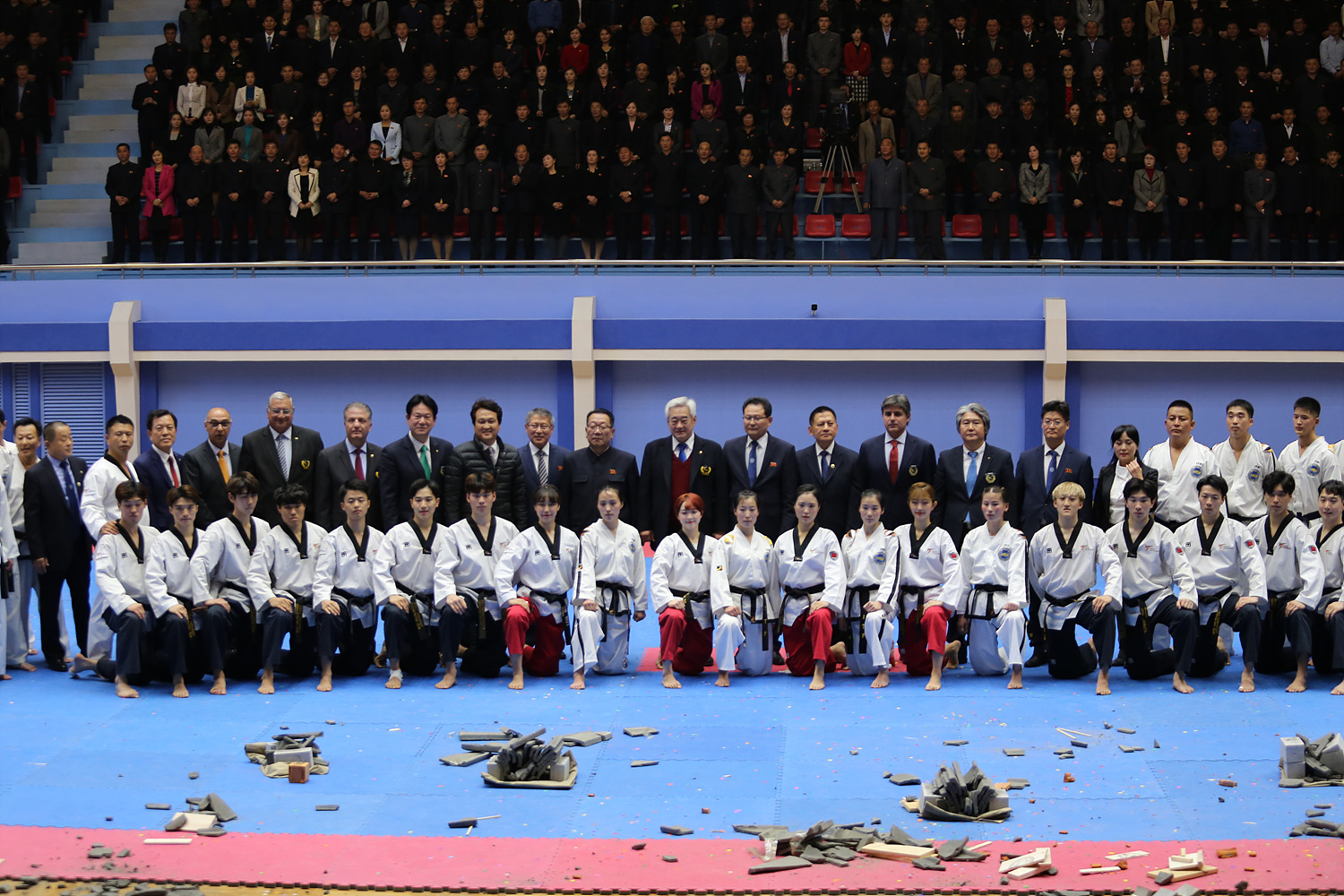 Group photo after WT-ITF joint demonstration team finished their joint performance on Nov. 2, 2018 at Pyongyang Taekwondo Hall in North Korea